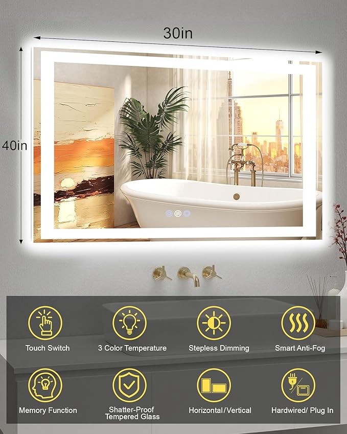 40x30 LED Bathroom Mirror with Lights, Super Bright Front & Backlit Vanity - Image 6