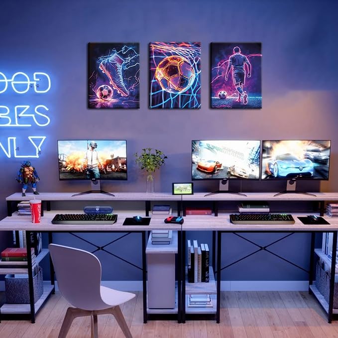 Cool Soccer Gaming Wall Art Set of 3, Neon Video Gamer Canvas Pictures - Image 6