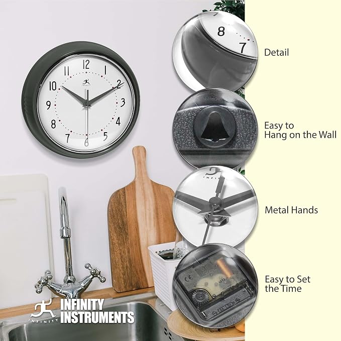 Infinity Instruments LTD. Retro Round Aluminum Wall Clock, Oyster Grey - Image 6