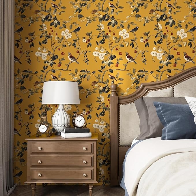 Laatse Vintage Bird Wallpaper 17.5"x118" Yellow Chinoiserie Floral Wallpaper - Image 6