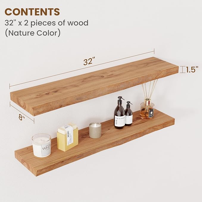 Floating Shelves for Wall Decor, Rustic Solid Elm Wood Live Edge Floating - Image 2