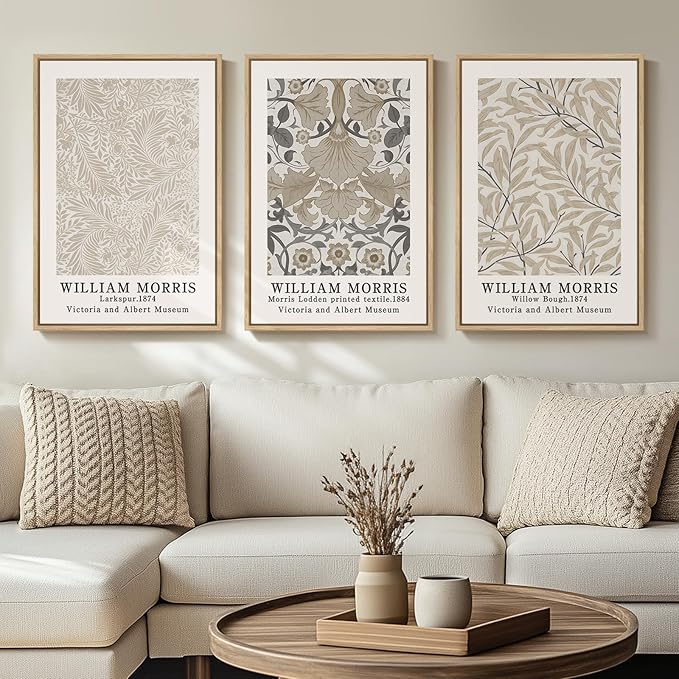 Framed Large William Morris Canvas Wall Art Set of 3, Vintage Neutral Botanical by Cuspin