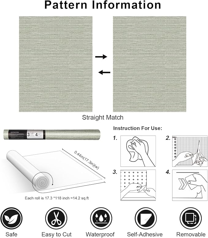 Simon&Siff Textured Grasscloth Peel and Stick Wallpaper 17.7"x118" Neutral Faux - Image 8