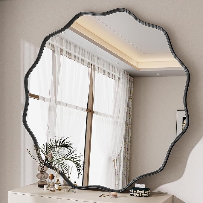 Wavy Round Mirror, 42 Inch Large Metal Frame Circle Mirror, Wall Mounted - Image 2
