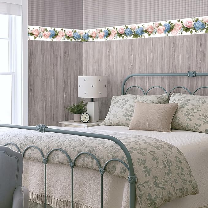 Floral Rose Wallpaper Border 196x4 Inch Peel and Stick Wall Border Pink Blue - Image 7