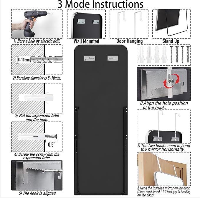 SCWF-GZ 57x20 Door Hanging Full Length Mirror, Floor or Wall Mounted Metal - Image 7