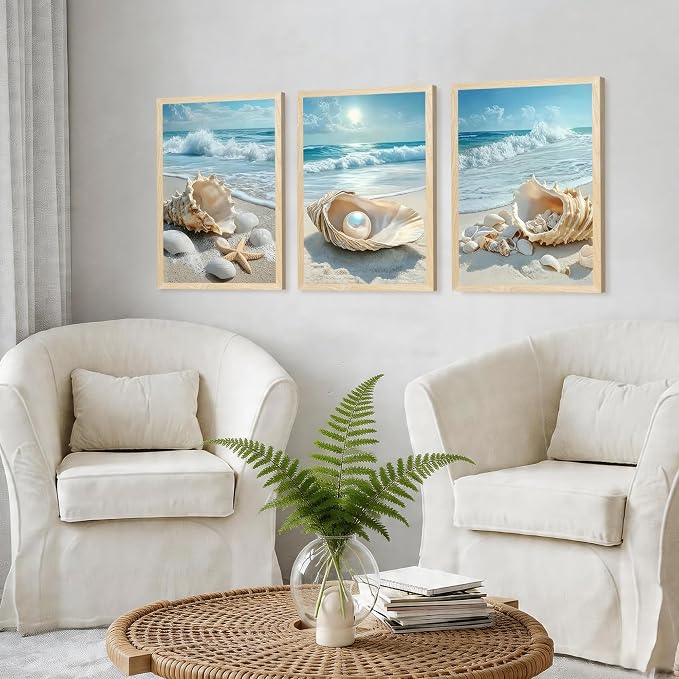 SYWENNOI 3 Piece Wood Framed Beach Wall Art, Sandy Shore, Pearl in Shell - Image 3
