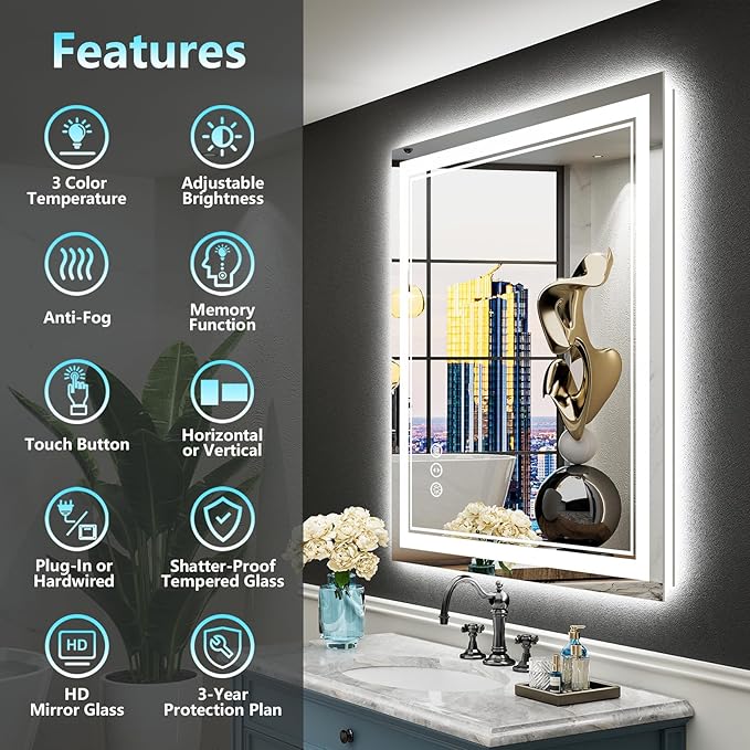 28x36 LED Bathroom Mirror with Lights, Backlit and Front Lit Anti-Fog Lighted - Image 2
