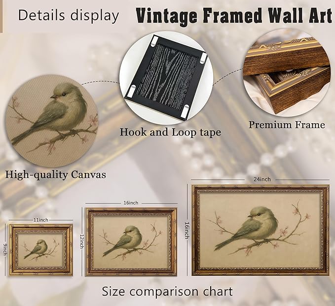 Vintage Gold Framed Wall Art Spring Bird Oil Painting Canvas Print Watercolor - Image 3