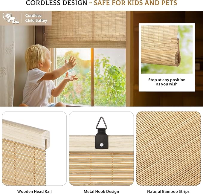 LazBlinds Cordless Bamboo Roll Up Shades - Image 2