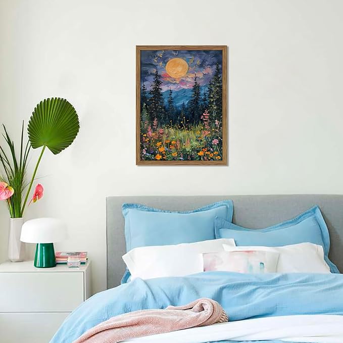 Framed Nature Forest Canvas Wall Art, Full Moon above Wildflowers and Woodland - Image 8