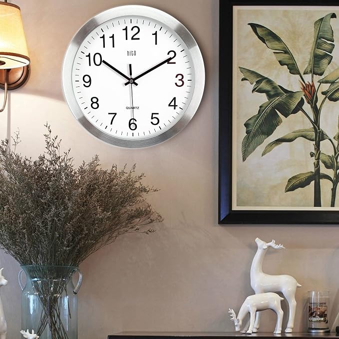 HITO 12 Inch Silent Wall Clock Battery Operated Non Ticking Glass Cover Silver - Image 8