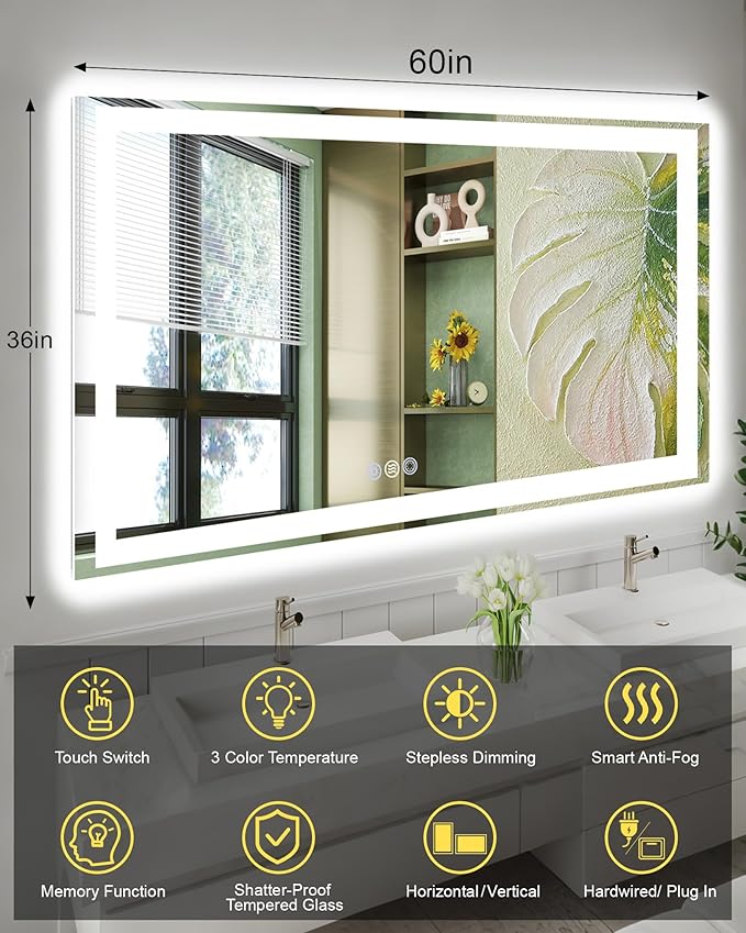 60x36 LED Bathroom Mirror with Lights, Super Bright Front & Backlit Vanity - Image 6