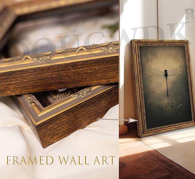 Vintage Gold Framed Wall Art Retro Dark Dragonfly Painting Canvas Prints Gothic - Image 6