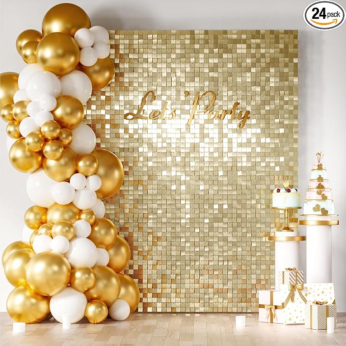 COKAOBE Light Gold Shimmer Wall Backdrop 24PCS Gold Sequins Backdrop Decoration by COKAOBE