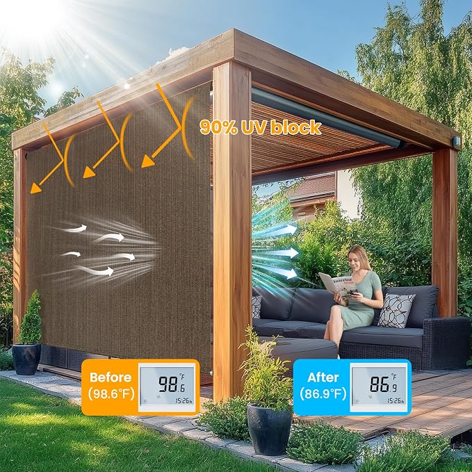 8'W x 6'H Mocha Patio Shades Roll up Outdoor Roller Shade Crank Wand Blind - Image 2