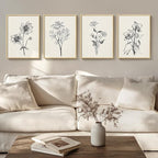 Framed Minimalist Black and White Floral Wall Art, 4 Piece Neutral Rustic by Cuspin