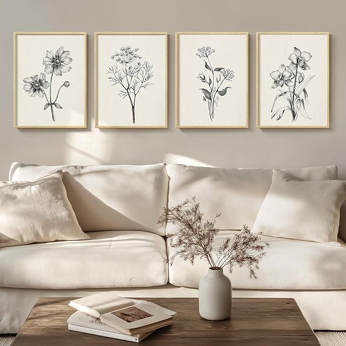 Framed Minimalist Black and White Floral Wall Art, 4 Piece Neutral Rustic by Cuspin