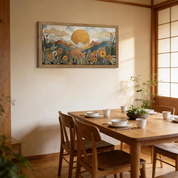 Framed Boho Landscape Large Wall Art, Abstract Sun Mountain Canvas Wall Decor - Image 7