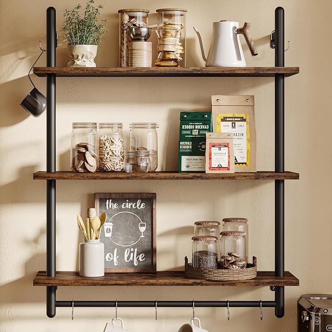 Bestier 3 Tier Industrial Pipe Shelving, Floating Book Shelves by Bestier