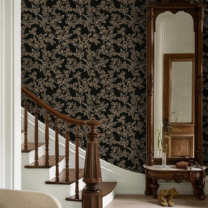 Ismoon Peel and Stick Wallpaper Black and Gold Stick on Wallpaper Dark Floral - Image 7