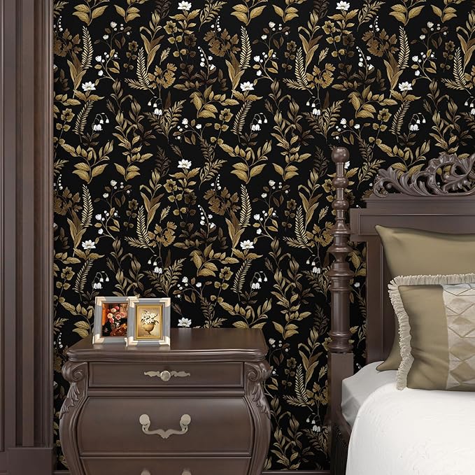 Dark Floral Peel and Stick Wallpaper, Vintage Leaf Pattern Black Gold Self - Image 5