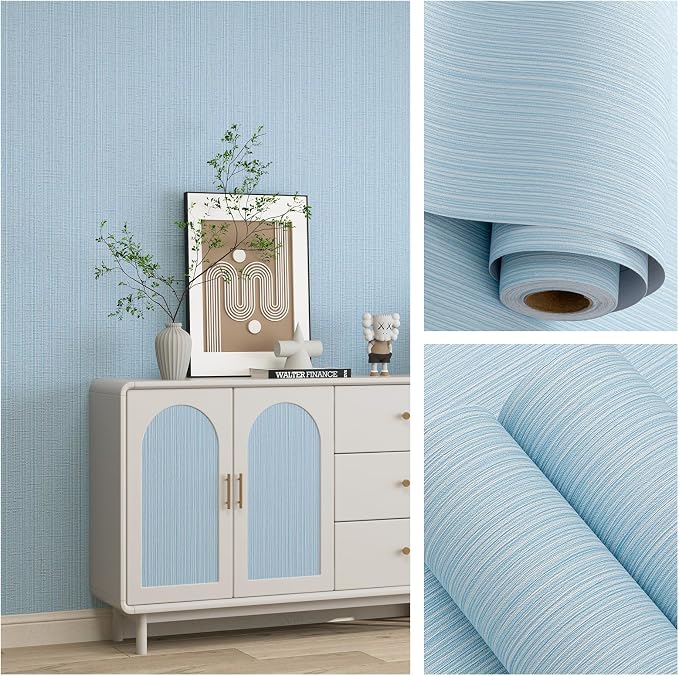 Light Blue Faux Grasscloth Wallpaper Peel and Stick Linen Textured 24"x394" - Image 4