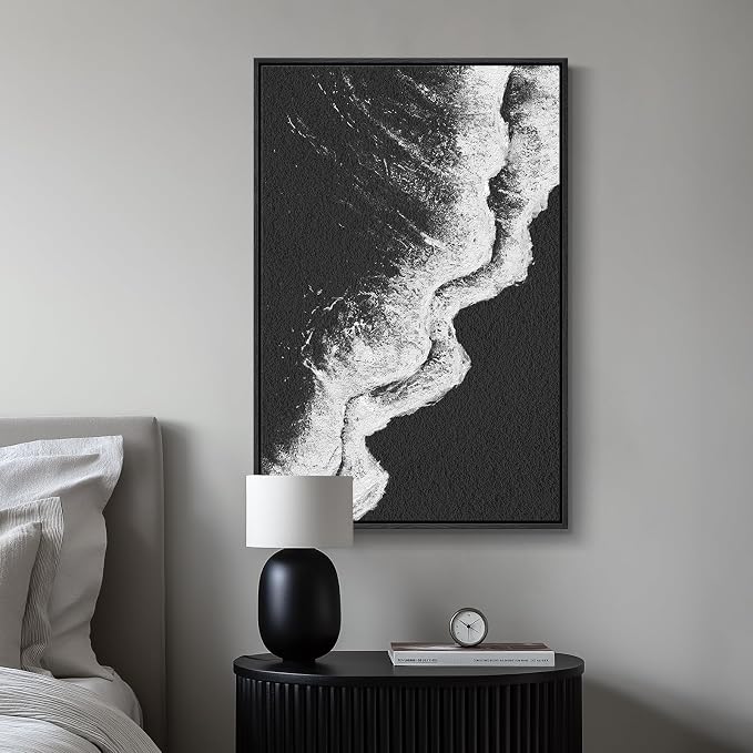 Framed Black and White Abstract Beach Canvas Wall Art, Modern Minimalist Art - Image 4