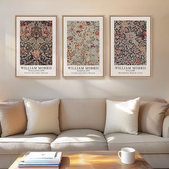 Framed William Morris Canvas Wall Art Set of 3, Vintage Boho Floral Paintings by Cuspin