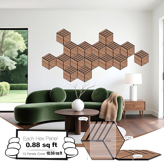 Mollywell Acoustic Panels, PVC Wood-Grain, 14x12 Inch Hexagon Carved Sound - Image 2