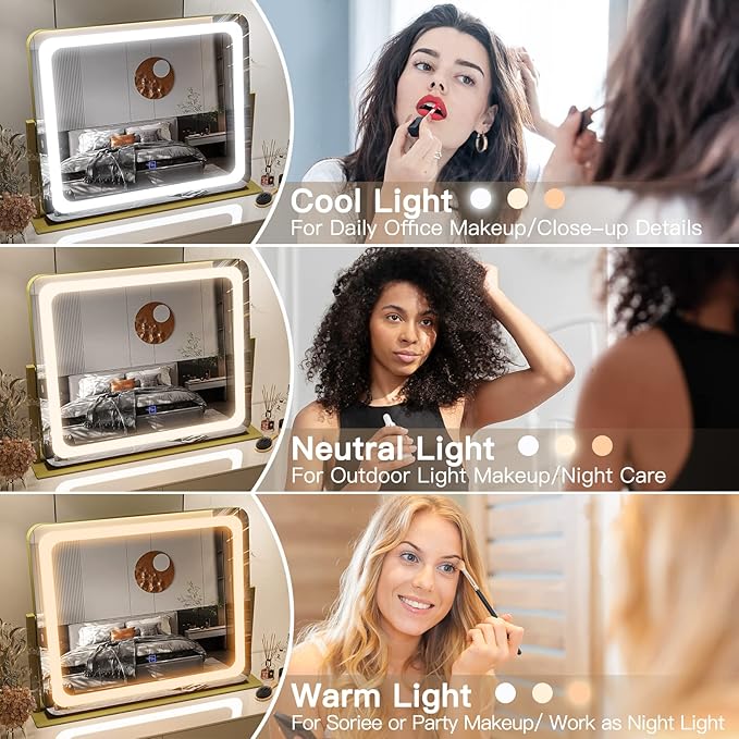 FENNIO Gold Vanity Mirror with Lights 22"x19", LED Lighted Makeup Mirror - Image 2