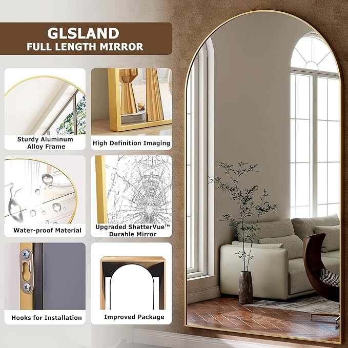 GLSLAND-34x76 inch Wall Mount Arched Full Length Mirror-Aluminum Alloy Frame - Image 5