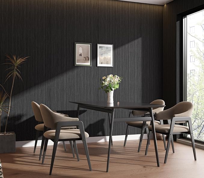 Black Grasscloth Wallpaper Peel and Stick Fabric Linen Textured 24"x394" - Image 5