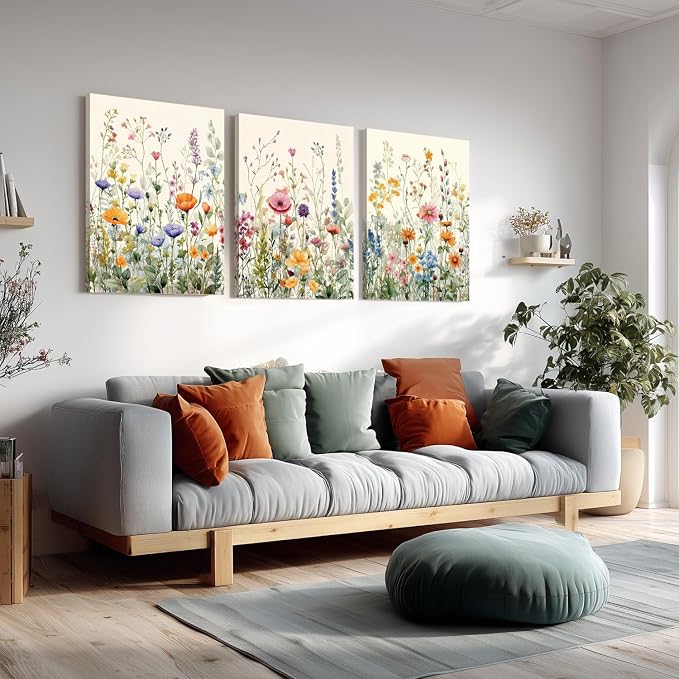 LLEEMPI Framed Watercolor Floral Wall Art Set of 3, Colorful Wildflower Wall - Image 3