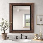 YOSHOOT Rustic Wooden Framed Wall Mirror, Natural Wood and Iron Bathroom Vanity - Image 2