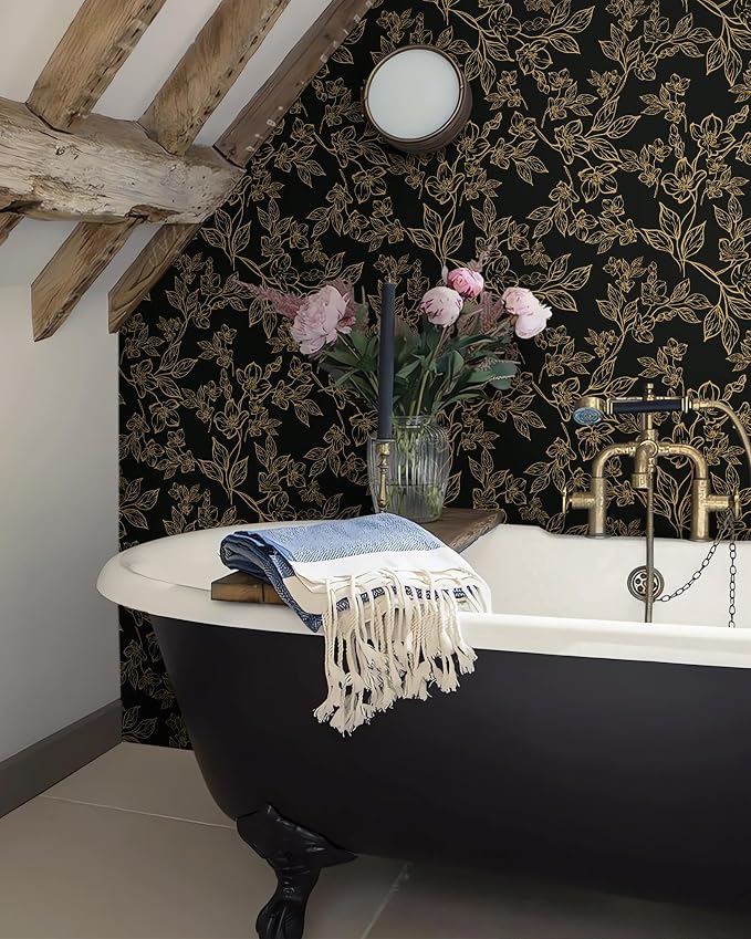 Ismoon Floral Peel and Stick Wallpaper Vintage Black and Gold Contact Paper - Image 4