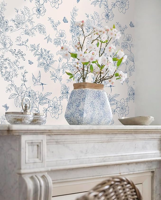 Froluya Cream White and Blue Floral Wallpaper Peel and Stick Wallpaper - Image 6