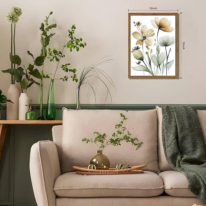 Wood Framed Sage Green Botanical Wall Art Set of 3, Boho Floral Canvas Wall - Image 3