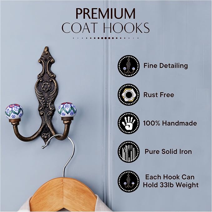 Indian Shelf Pack of 12 Heavy Duty Double Prong White Decorative Coat Hooks - Image 4
