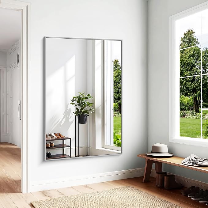 KOCUUY Silver Bathroom Mirror, HD Tempered Glass, Anti-Rust Brushed Silver Frame - Image 4