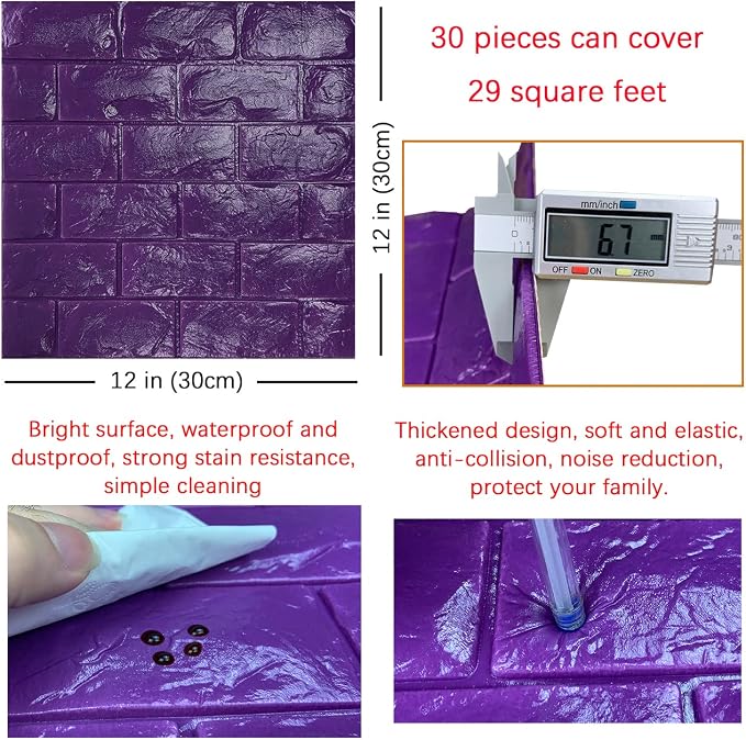 30PCS 3D Wall Panels Peel and Stick Faux Brick Wallpaper Purple Self Adhesive - Image 5