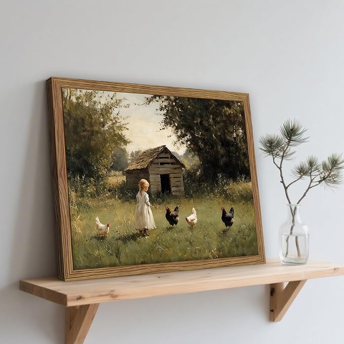Vintage Country Framed Wall Art, Little Girl and Chick Canvas Prints, Rustic - Image 8