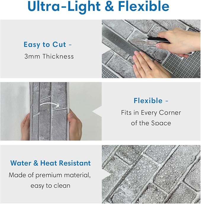 COMSTICKC 3D Gray Brick Wall Panel, Peel and Stick Brick Tiles, Small Size Thin - Image 5