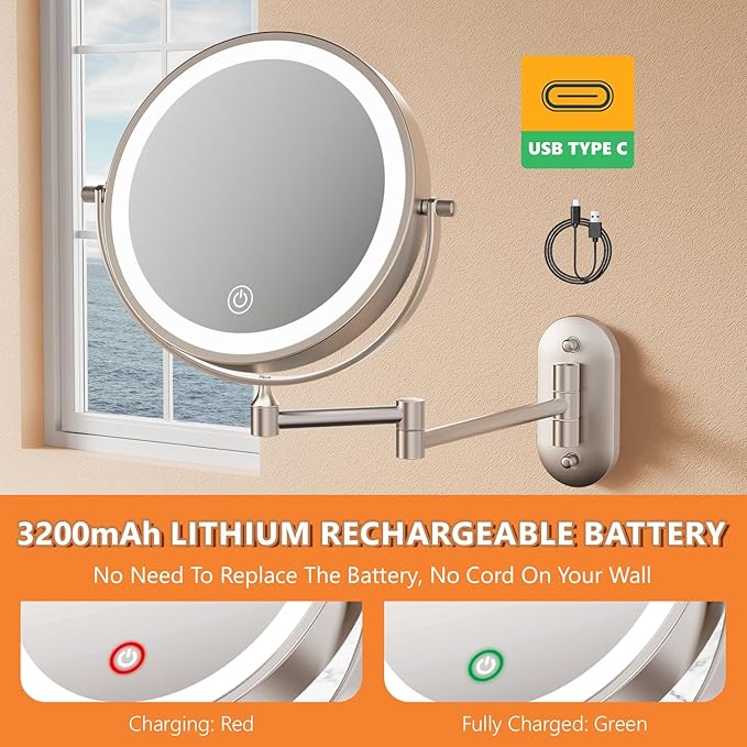 Auxmir 1X/30X Wall Mounted Lighted Makeup Mirror, Touch Dimmable 3 Color Lights - Image 6