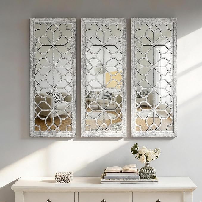 Set of 2 16x41.5 Inch Large Carved Floral Wood Frame Wall Mirrors, Shatterproof by HMANGE