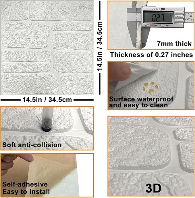 YU LI 3DH 3D Wall Panels Peel and Stick Faux Stone Wall Panel White 20-Pack - Image 6