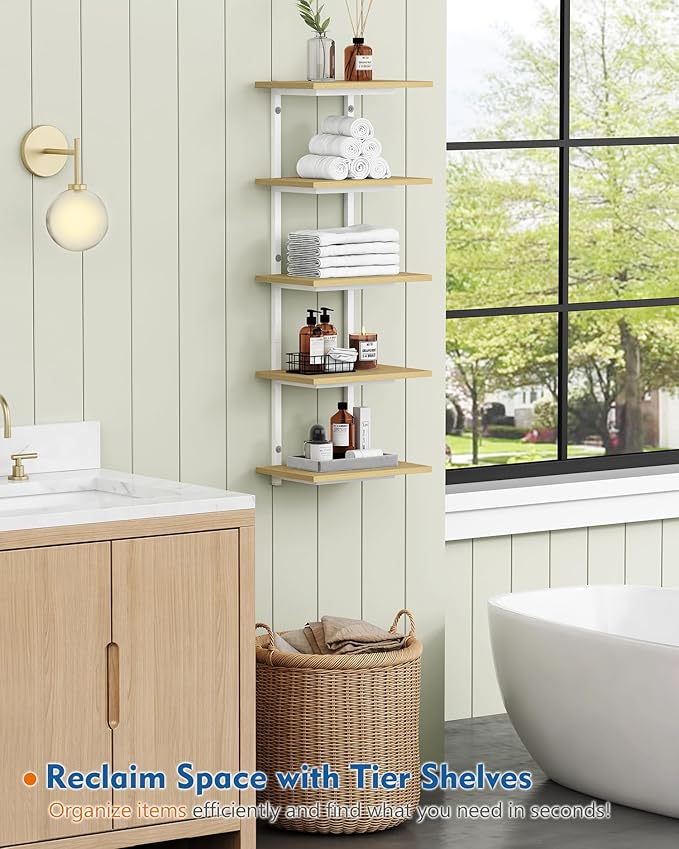 Harwaya White and Natural Tiered Wall Shelf Unit, 5 Tier Display Floating - Image 3