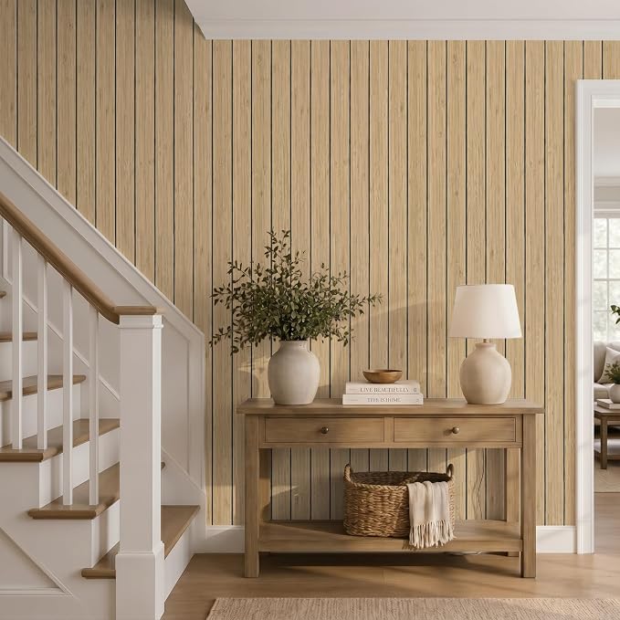 VEELIKE Tan Birch Wood Slat Wall Panels Peel and Stick Decorative Faux Wood - Image 2