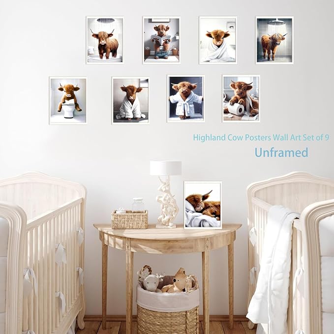 SEHSUVC Funny Bathroom Cow Posters Wall Art Set of 9, Vintage Brown Highland - Image 3