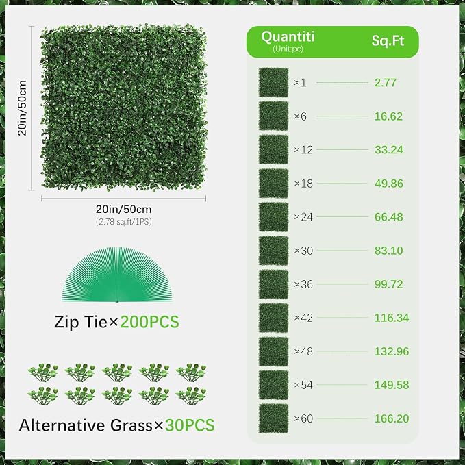 Luyue 24PCS 20”×20” Boxwood Panels, Artificial Grass Wall Panels Fake Greenery - Image 7